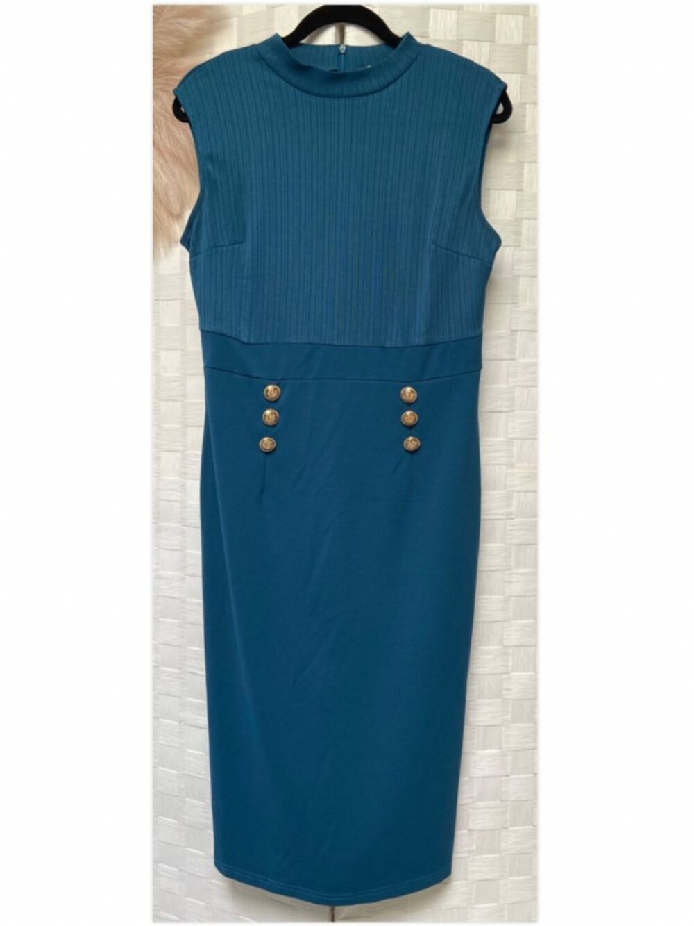 Grace Karin Blue Midi Button Sleeveless Mock Neck Blue Dress Size L